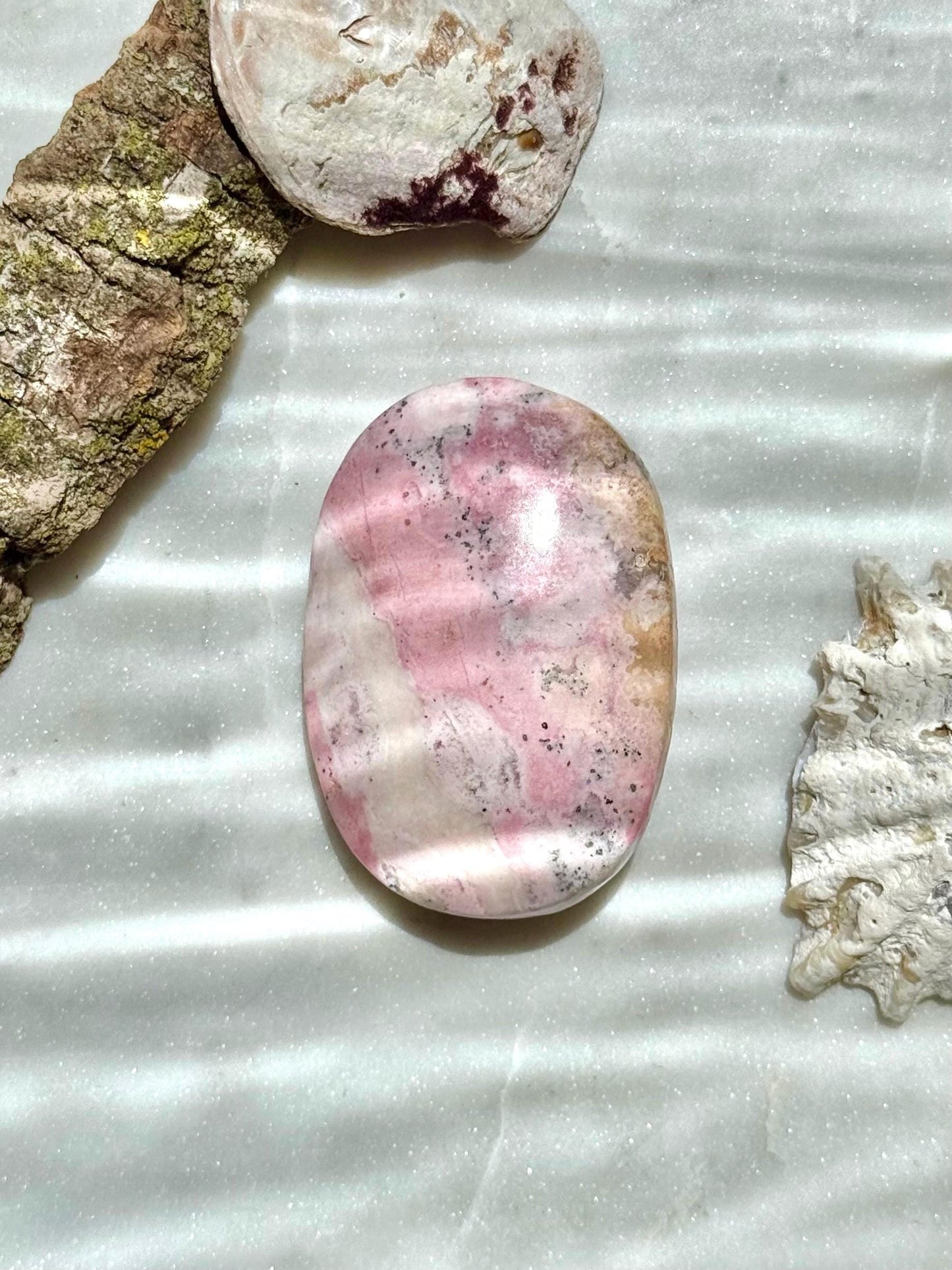 Pink Peruvian Rhodonite Palm Stone | Peruvian Rhodonite | Pink Crystal | Pink and Black Crystal| Unique Crystal | Self-love Crystal