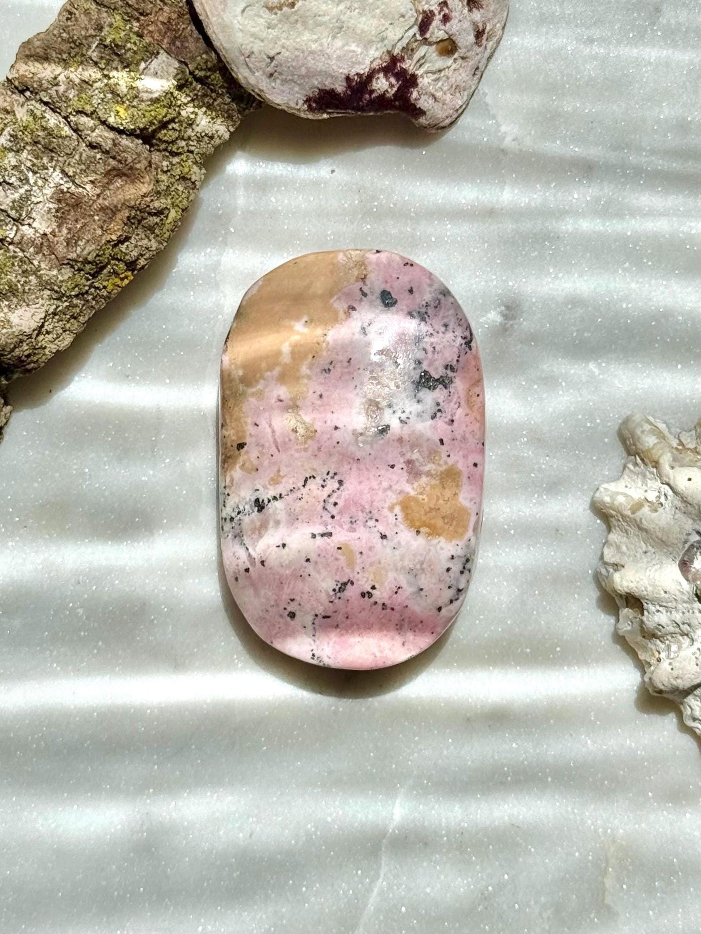 Pink Peruvian Rhodonite Palm Stone | Peruvian Rhodonite | Pink Crystal | Pink and Black Crystal| Unique Crystal | Self-love Crystal