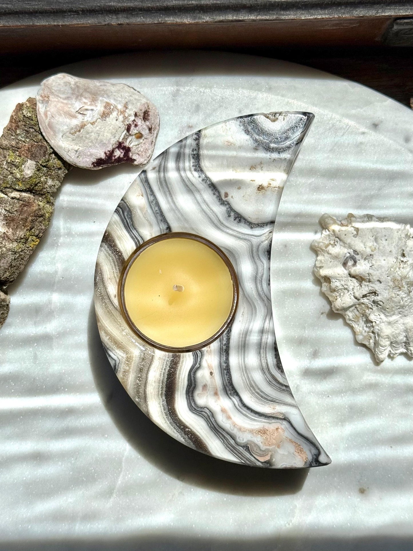 Banded Onyx Crescent Moon Candle Holder | Gift for Crystal Lover | Unique Crystal Gift | Crystal Home Decor | Spooky Season Decor
