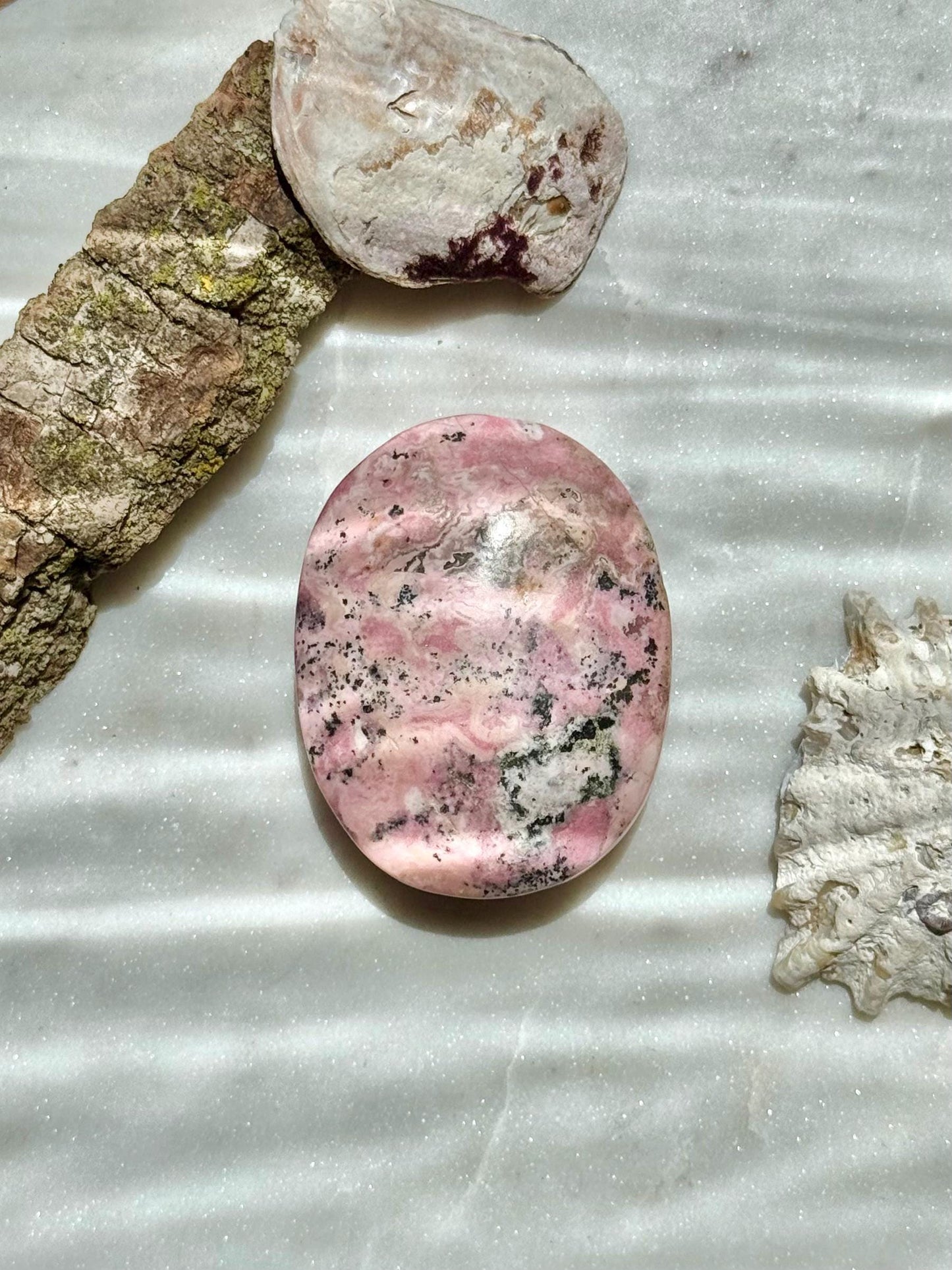 Pink Peruvian Rhodonite Palm Stone | Peruvian Rhodonite | Pink Crystal | Pink and Black Crystal| Unique Crystal | Self-love Crystal