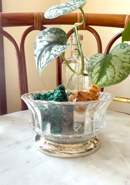 VINTAGE GLASS BOWL WITH SILVER PEDESTAL