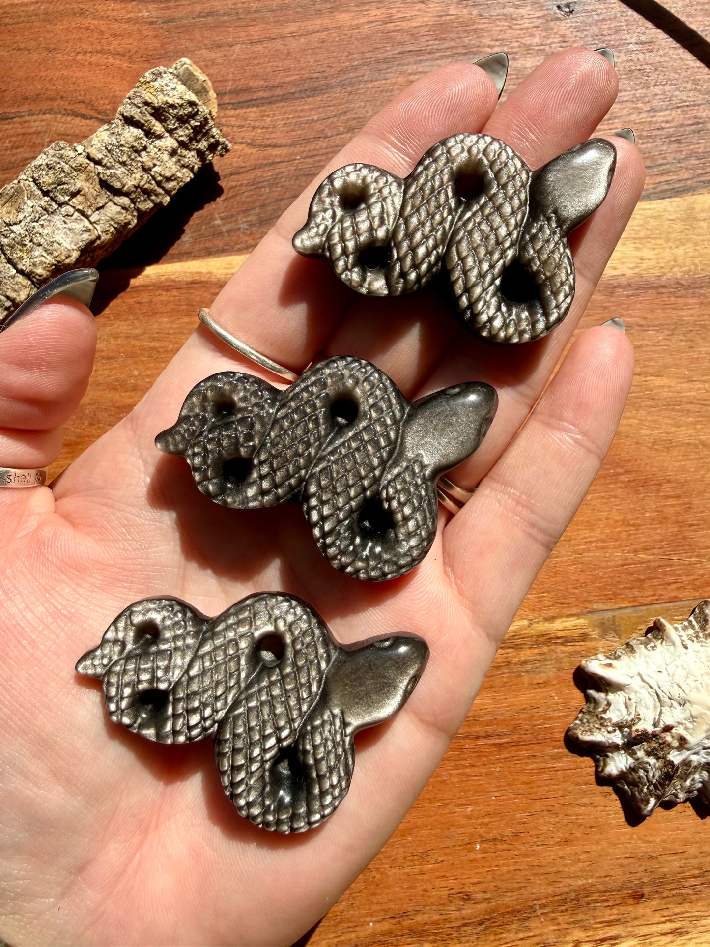 SILVER SHEEN OBSIDIAN SNAKE CARVING
