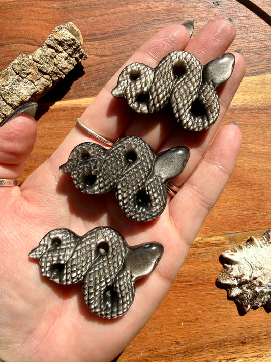 SILVER SHEEN OBSIDIAN SNAKE CARVING