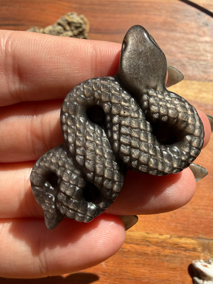 SILVER SHEEN OBSIDIAN SNAKE CARVING