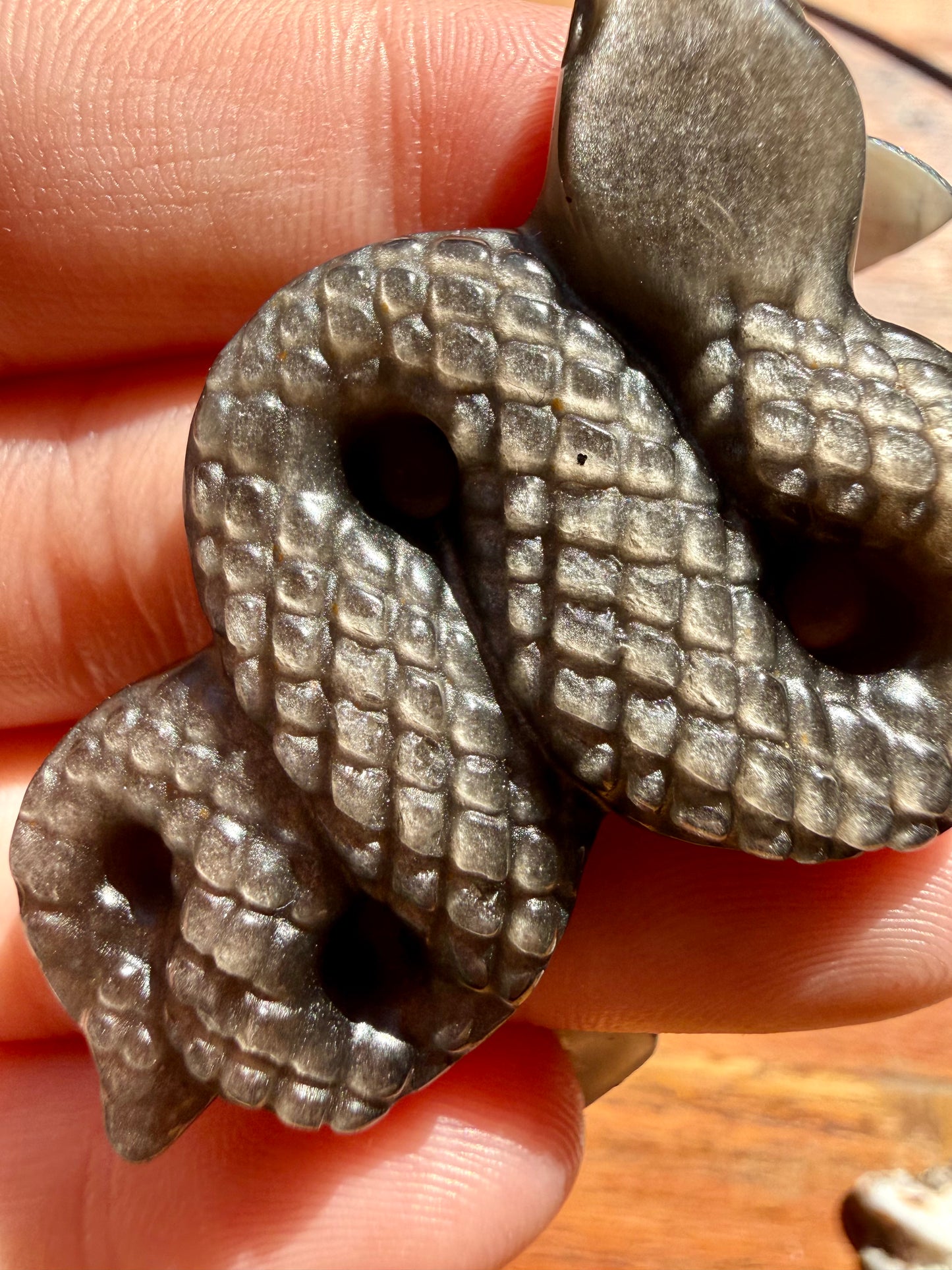 SILVER SHEEN OBSIDIAN SNAKE CARVING