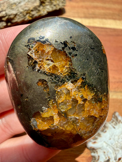 PYRITE + GOLDEN HEALER PALM STONE