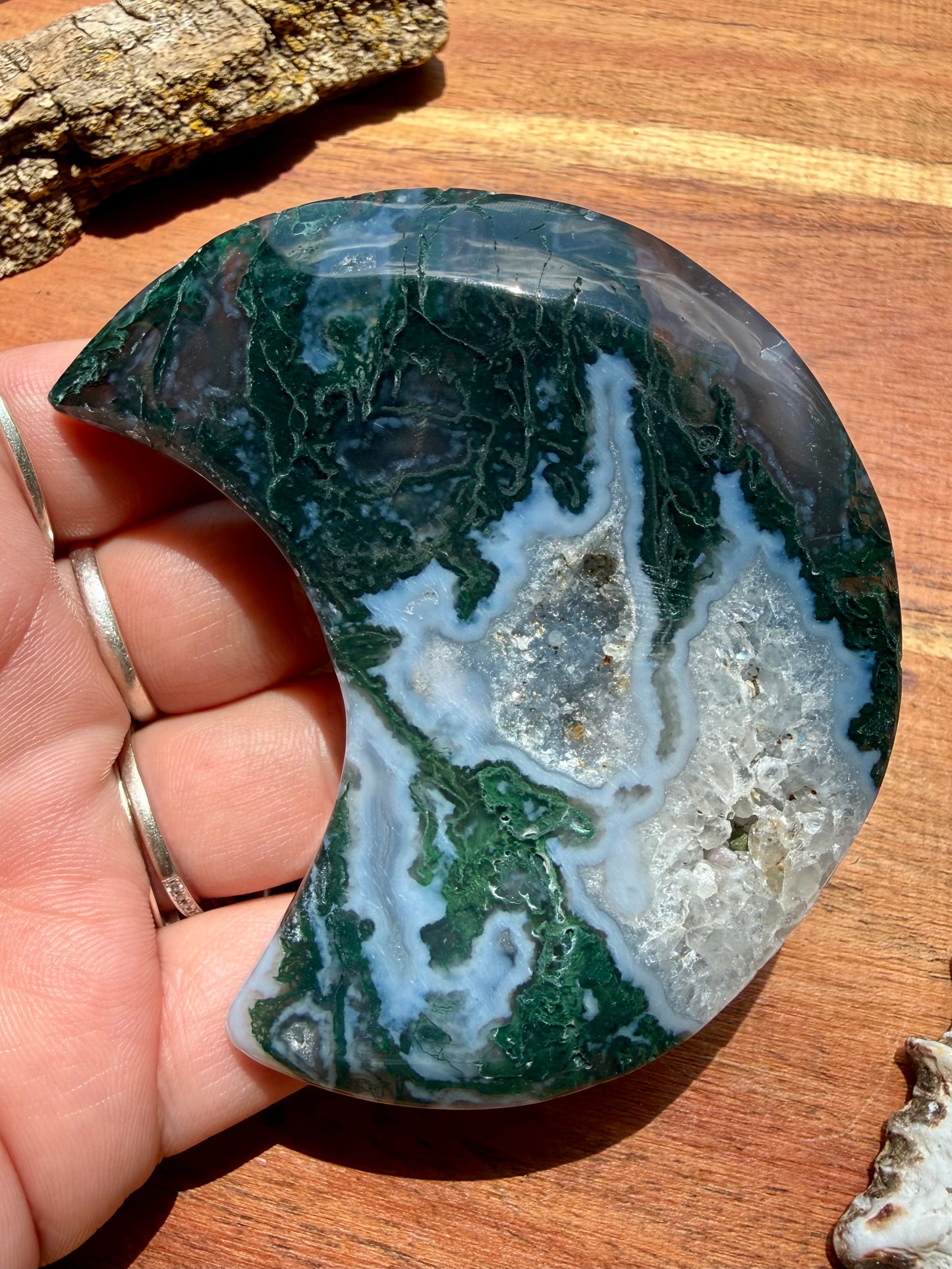 MOSS AGATE MOON WITH STAND