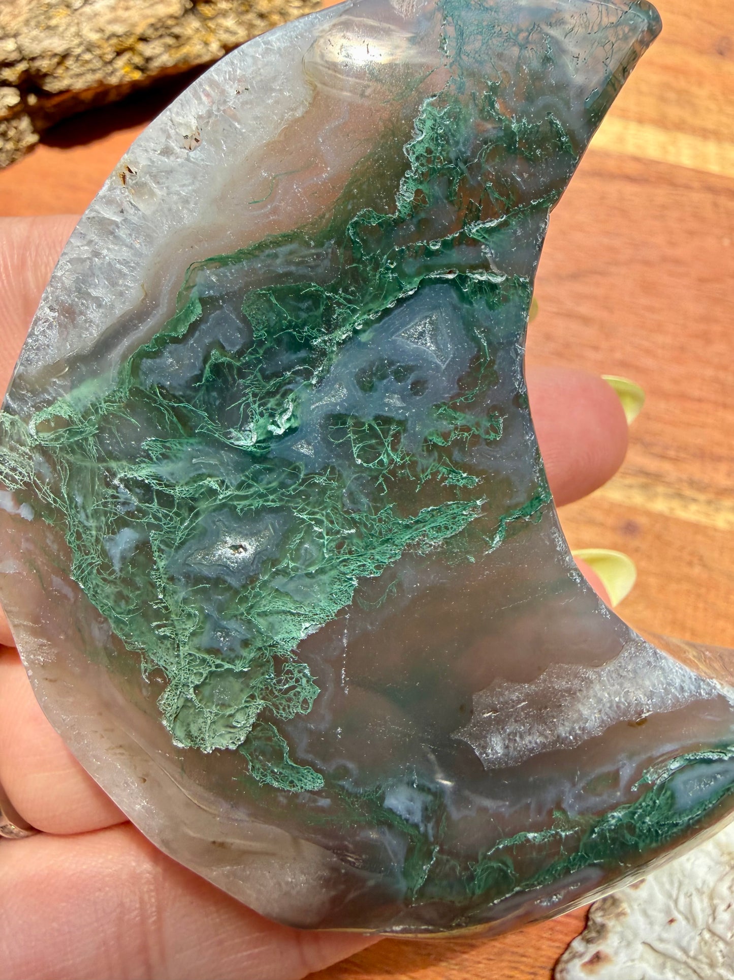MOSS AGATE MOON WITH STAND