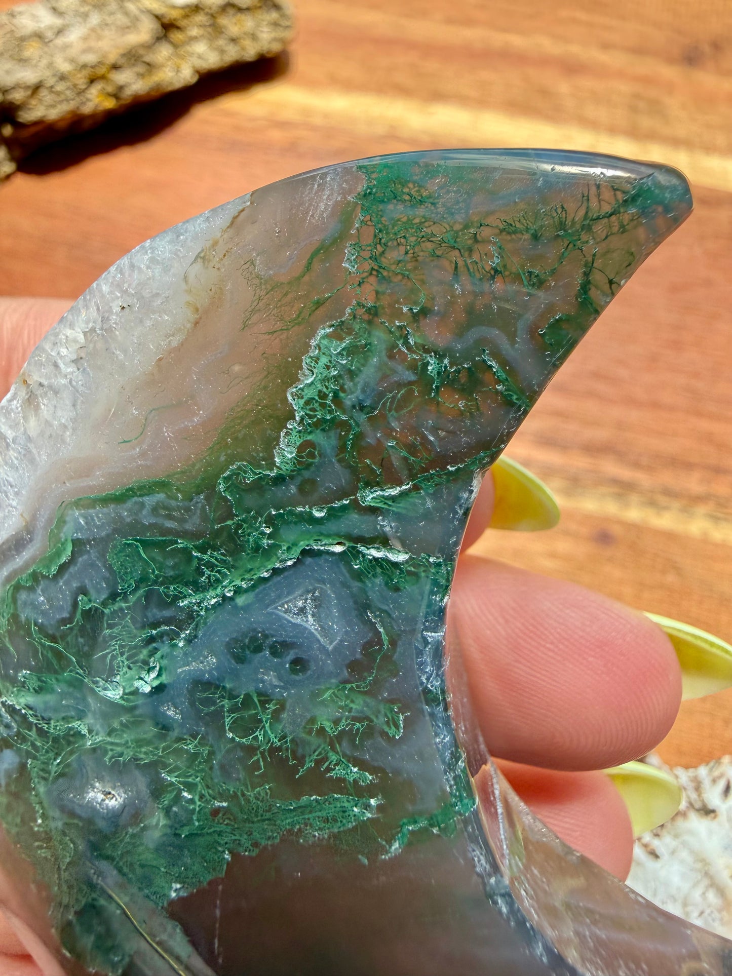 MOSS AGATE MOON WITH STAND