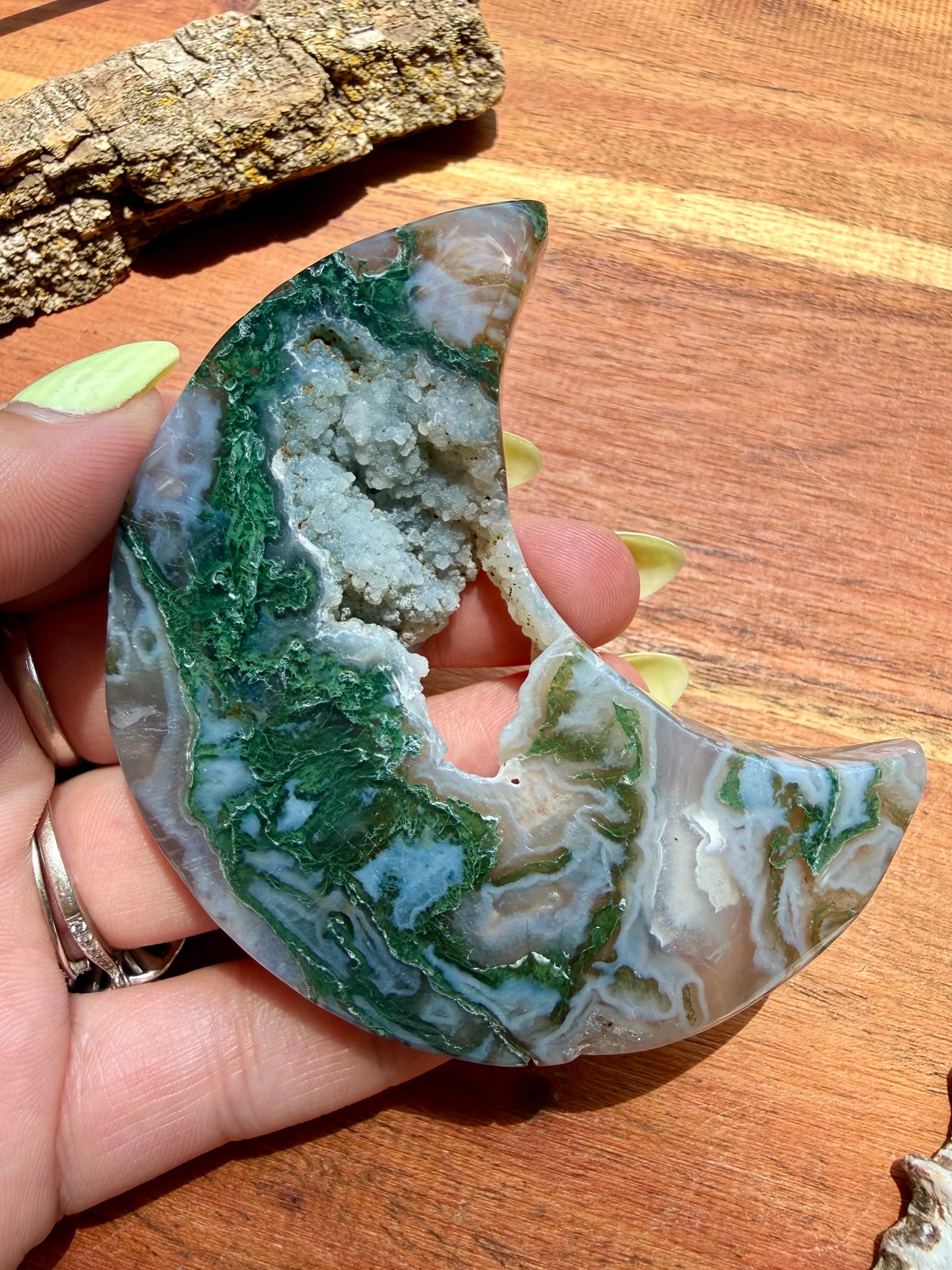 MOSS AGATE MOON WITH STAND