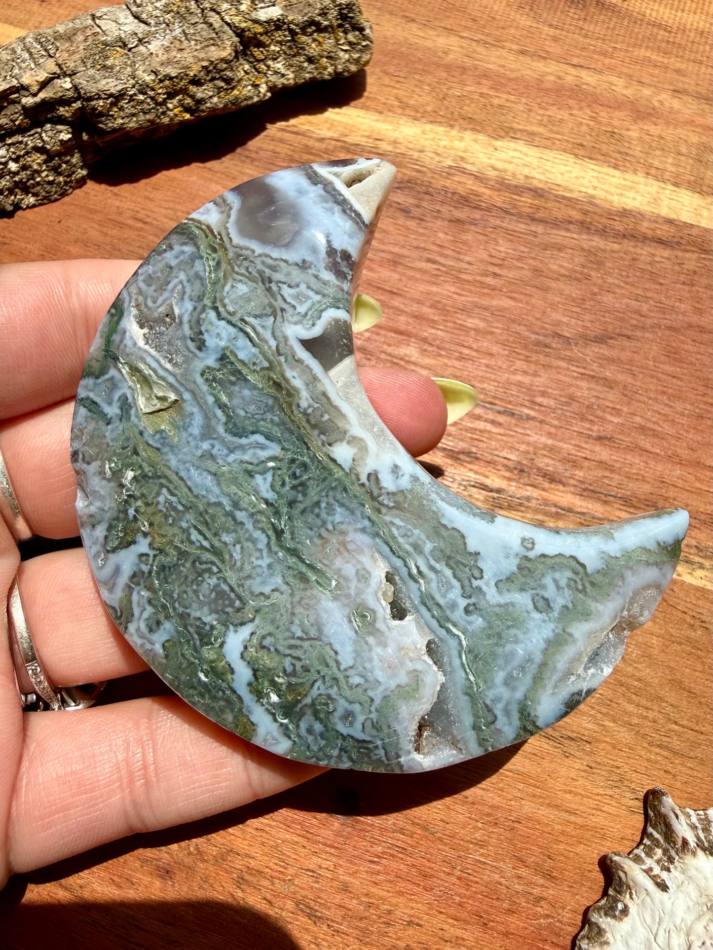 MOSS AGATE MOON WITH STAND