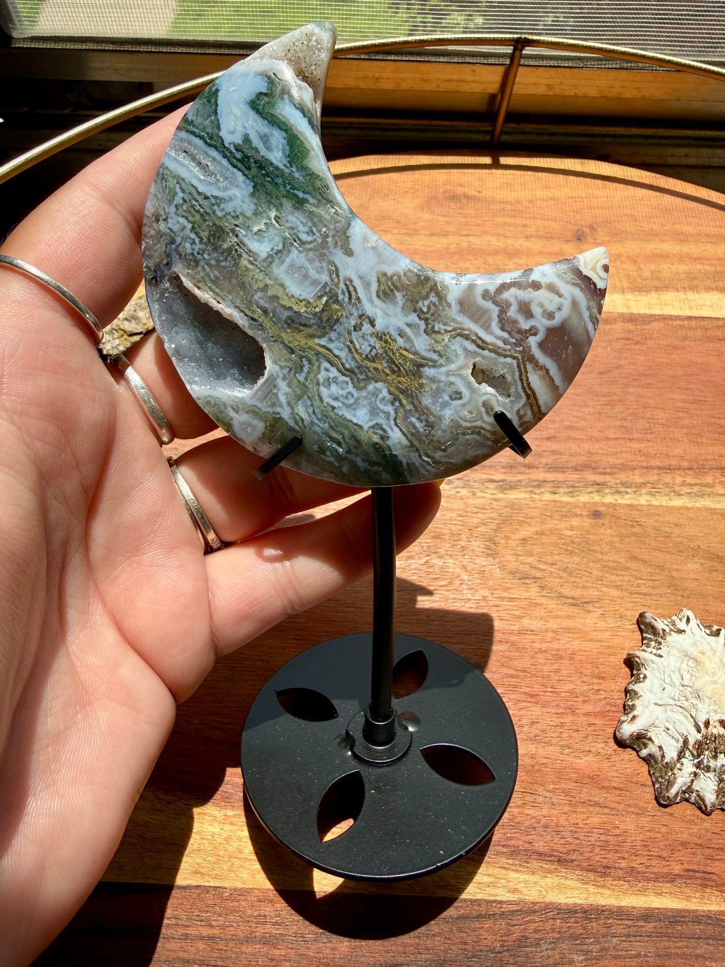 MOSS AGATE MOON WITH STAND