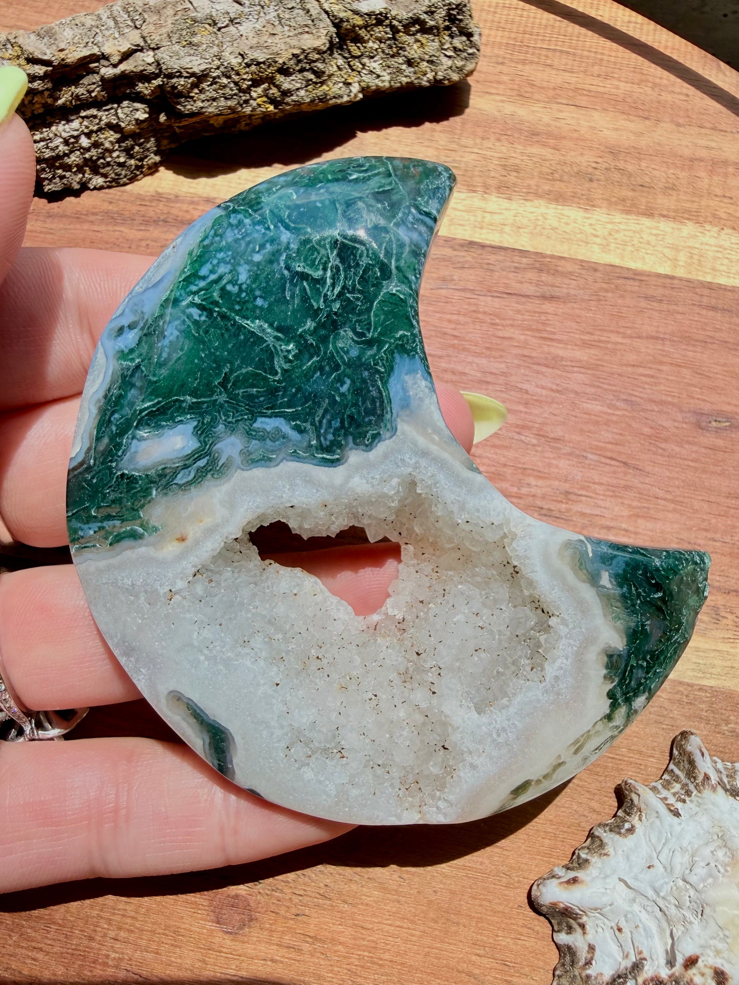 MOSS AGATE MOON WITH STAND
