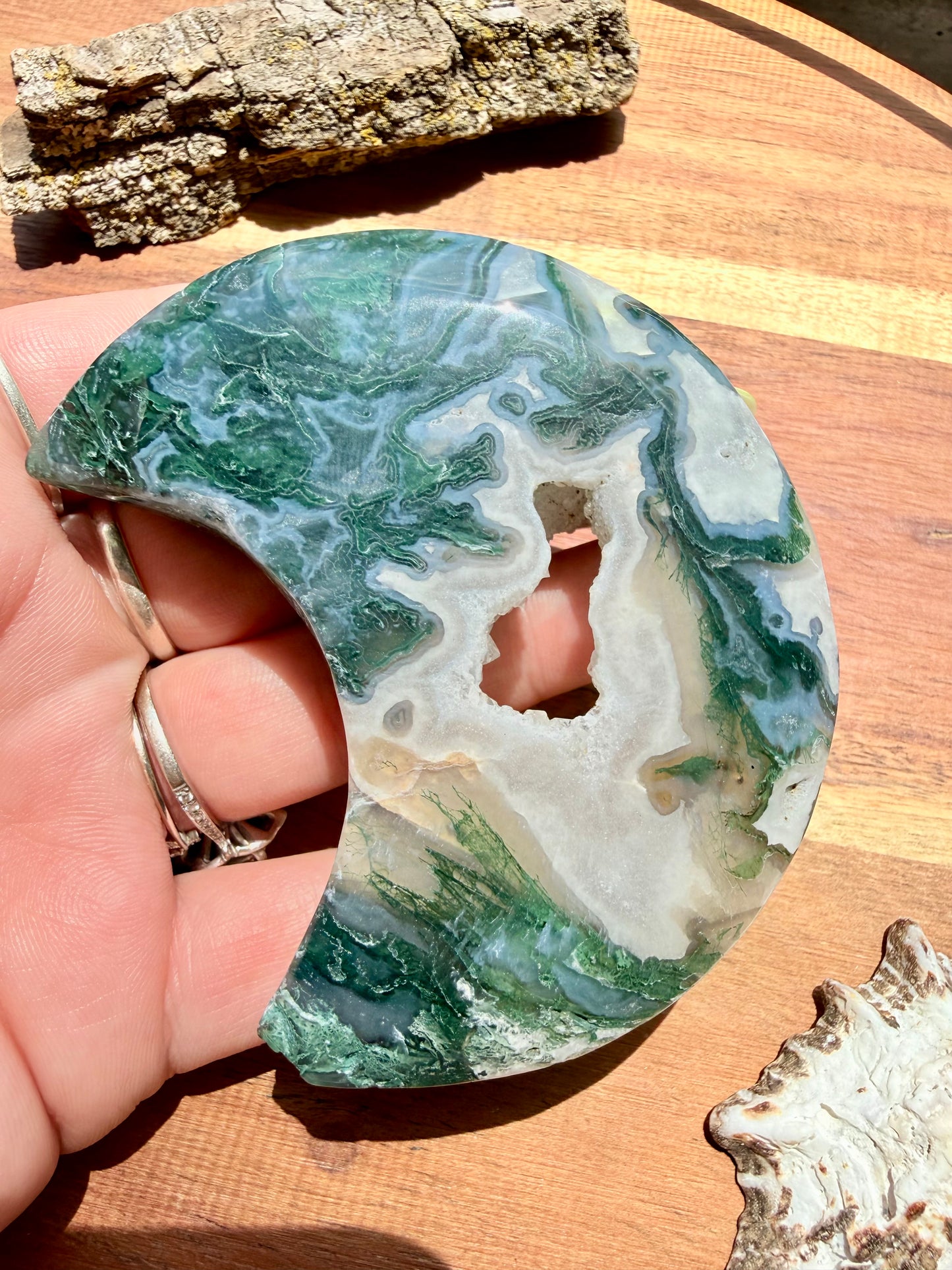 MOSS AGATE MOON WITH STAND