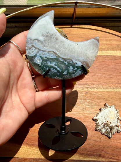 MOSS AGATE MOON WITH STAND