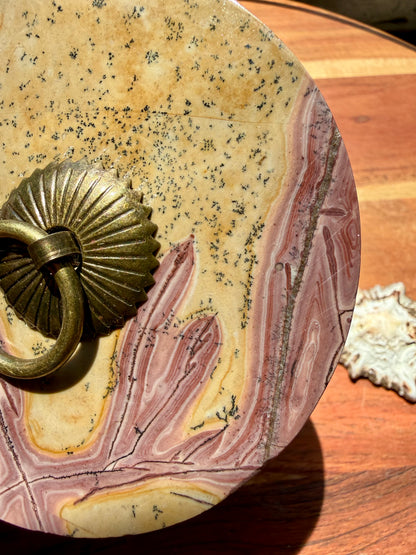 ROUND PICTURE JASPER BOX WITH BRASS DETAIL