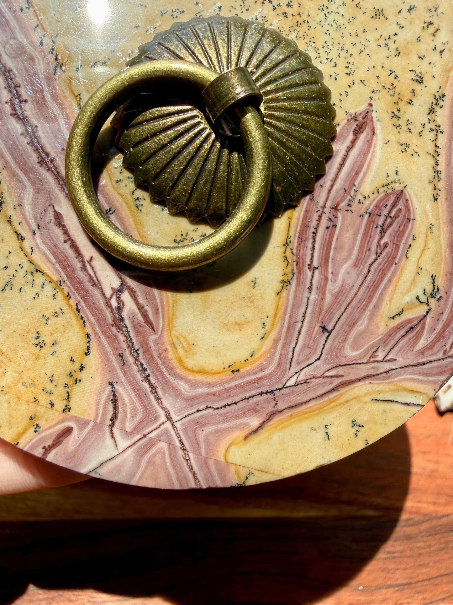 ROUND PICTURE JASPER BOX WITH BRASS DETAIL