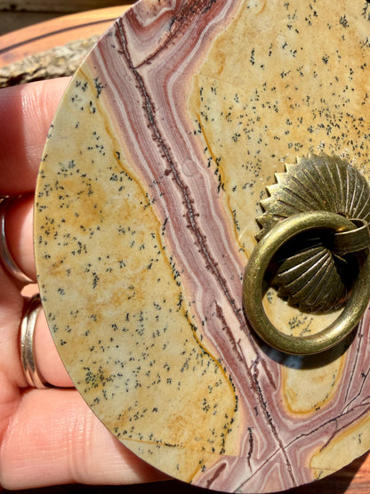 ROUND PICTURE JASPER BOX WITH BRASS DETAIL