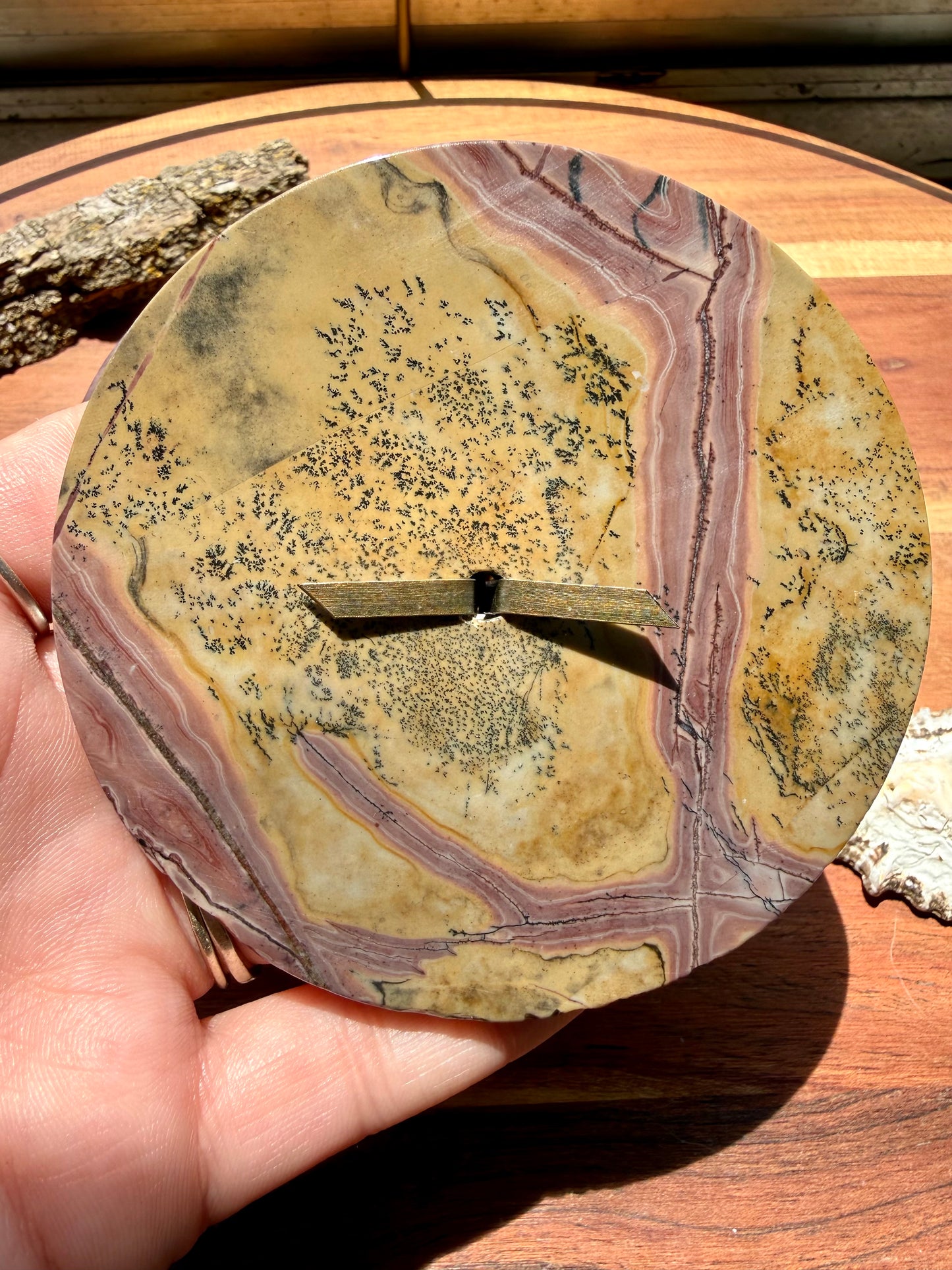ROUND PICTURE JASPER BOX WITH BRASS DETAIL