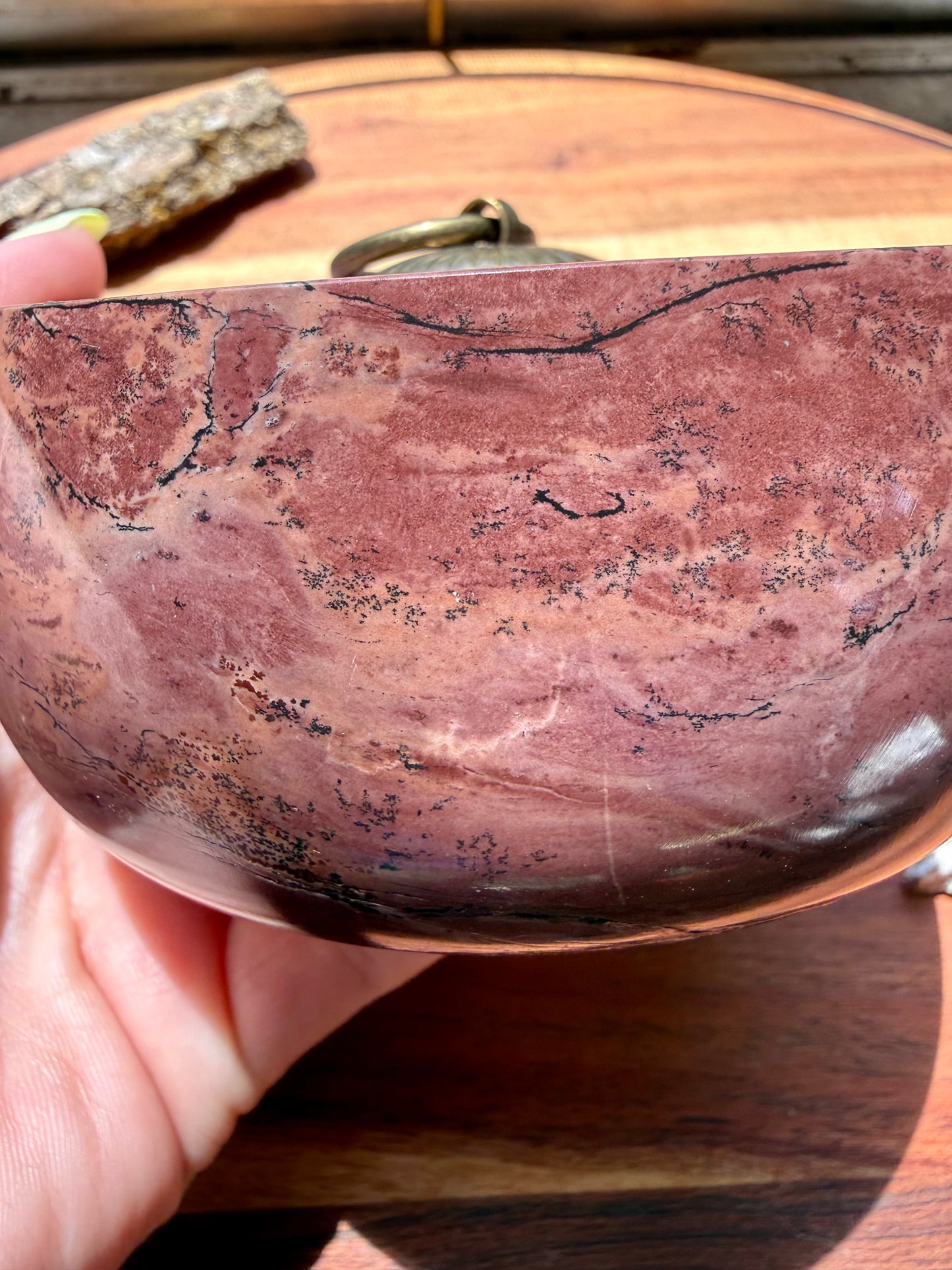 ROUND PICTURE JASPER BOX WITH BRASS DETAIL