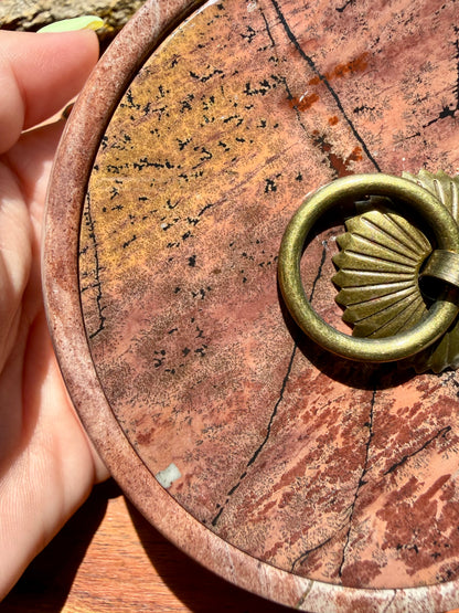 ROUND PICTURE JASPER BOX WITH BRASS DETAIL