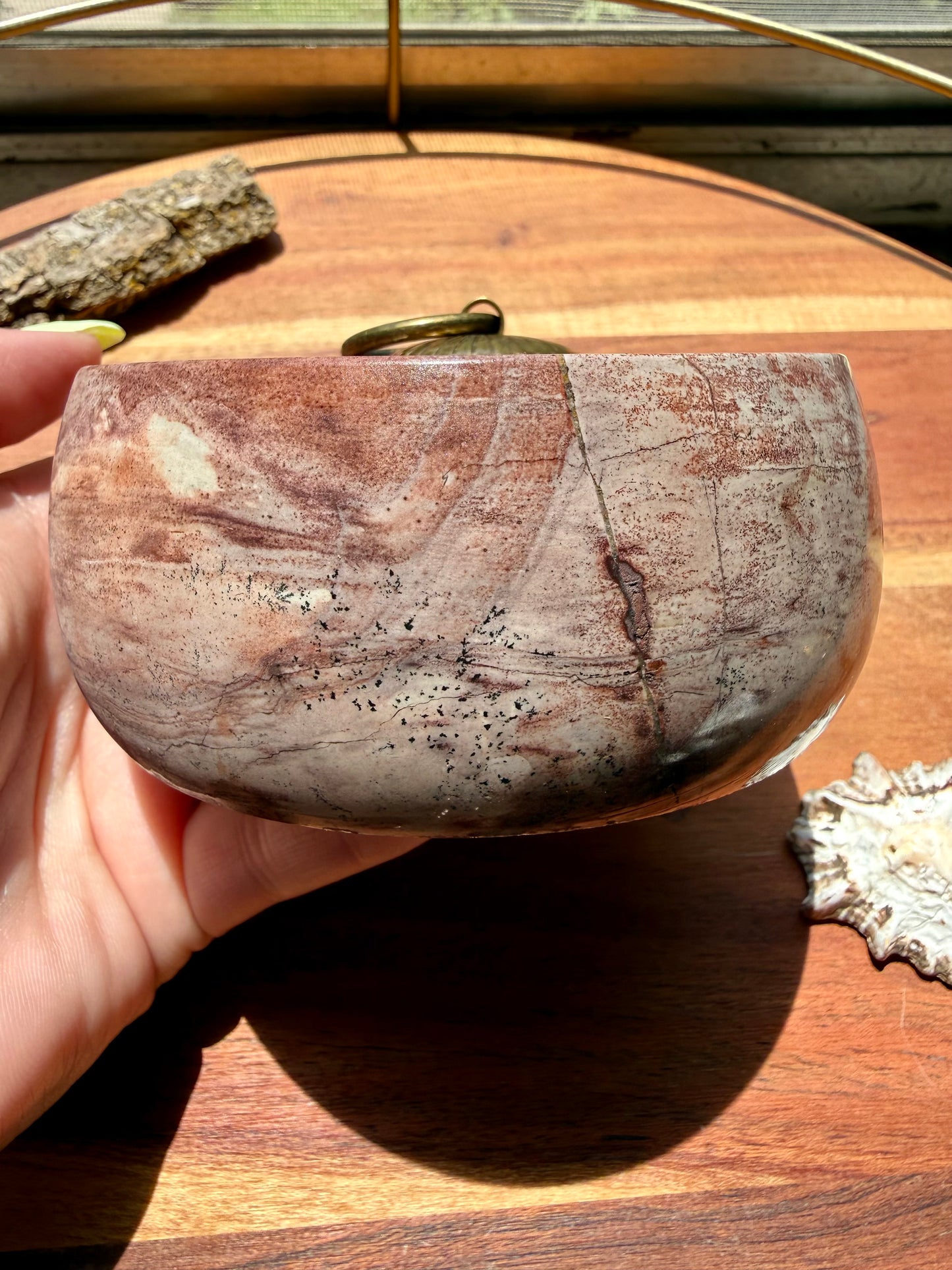 ROUND PICTURE JASPER BOX WITH BRASS DETAIL