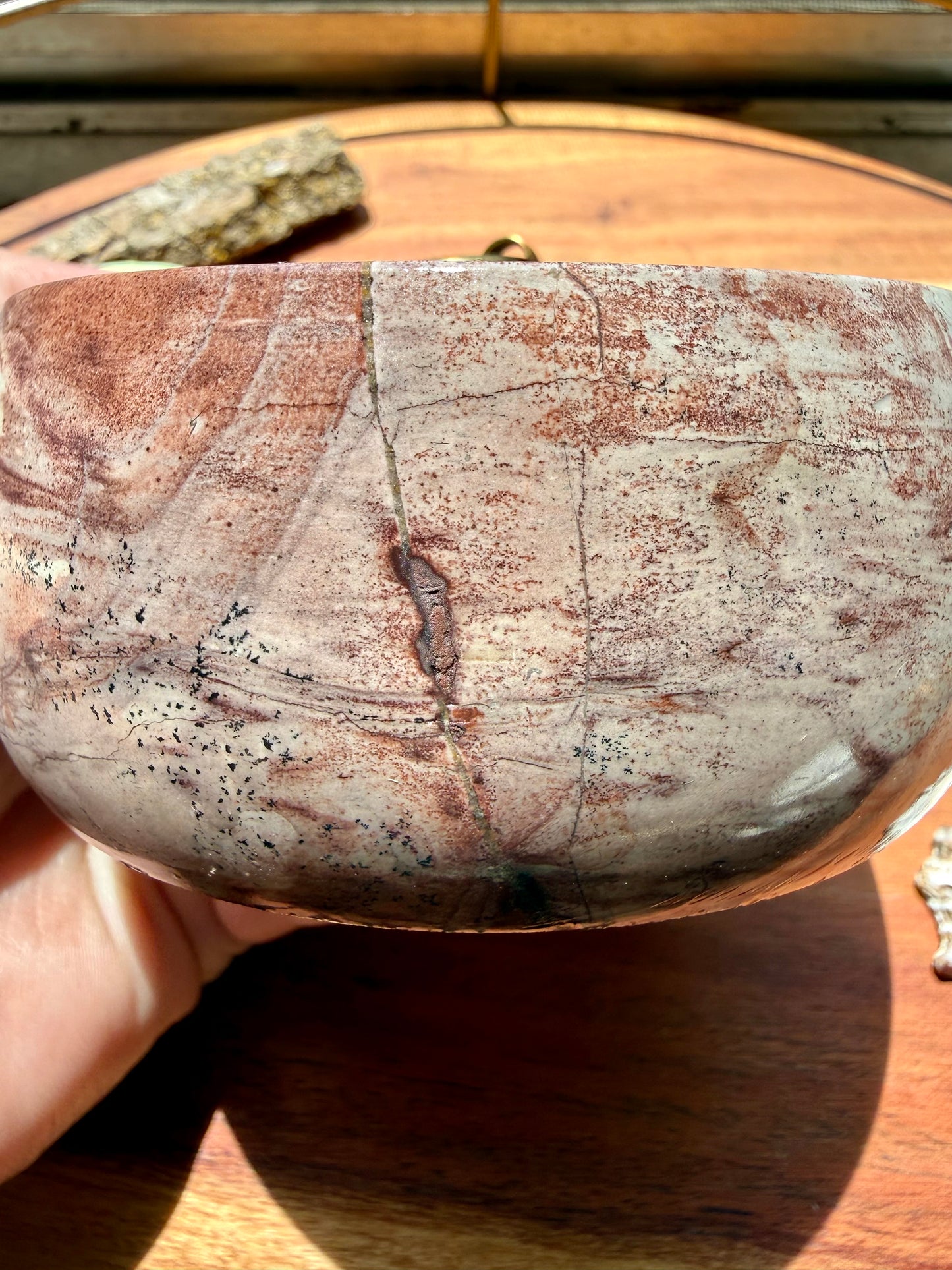 ROUND PICTURE JASPER BOX WITH BRASS DETAIL