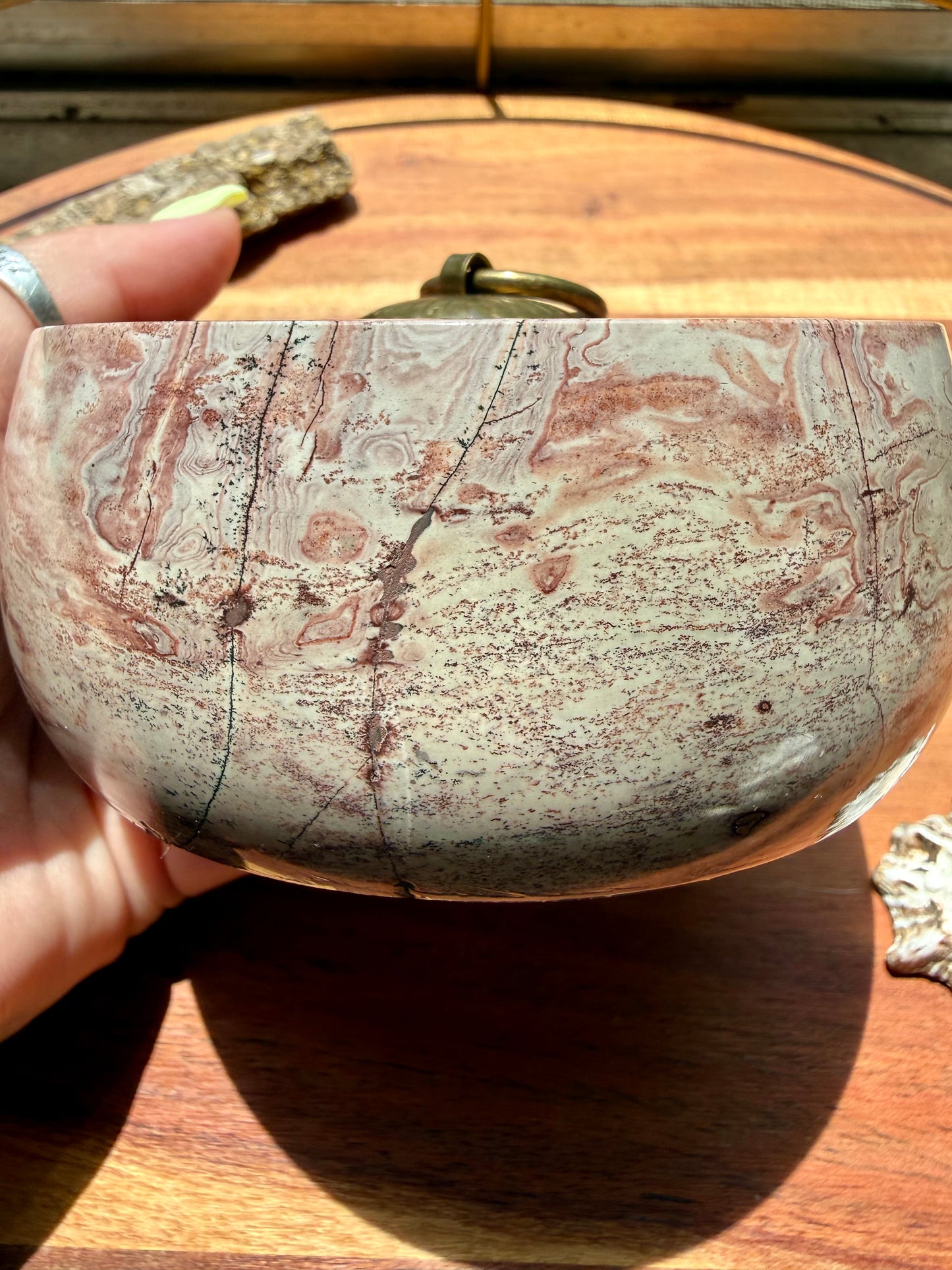 ROUND PICTURE JASPER BOX WITH BRASS DETAIL