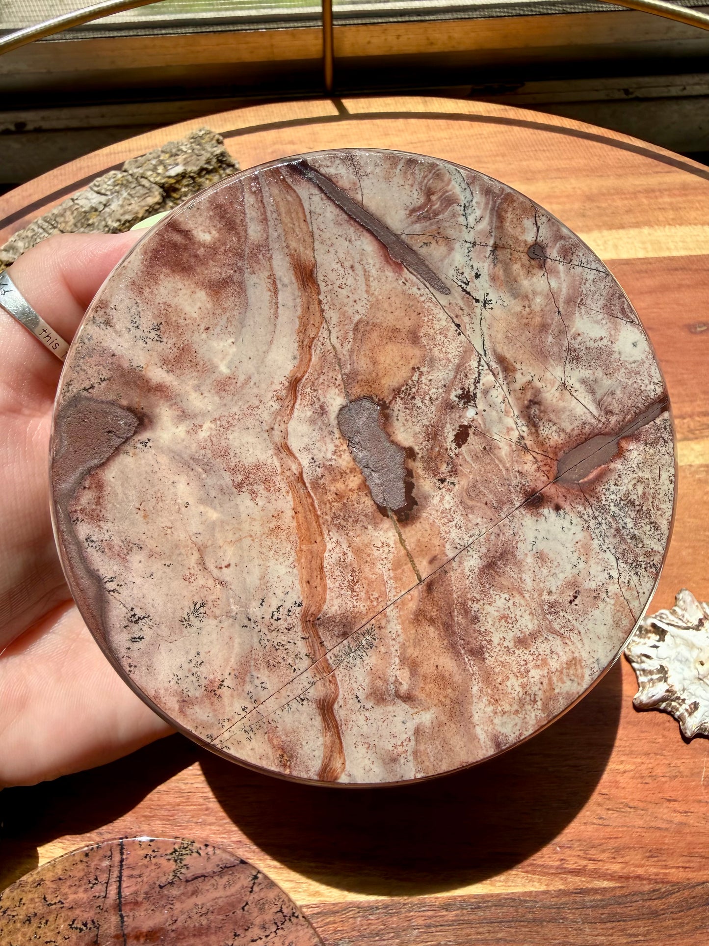 ROUND PICTURE JASPER BOX WITH BRASS DETAIL