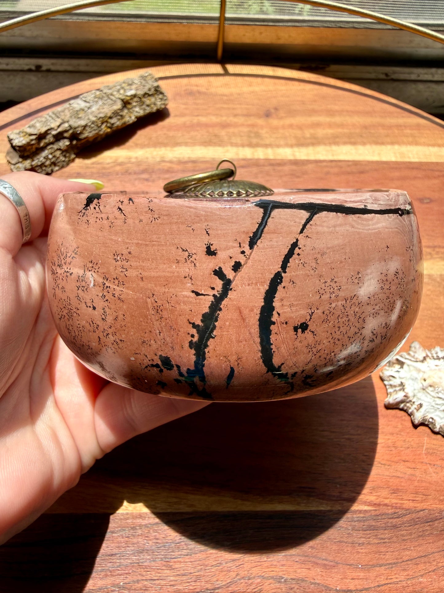 ROUND PICTURE JASPER BOX WITH BRASS DETAIL