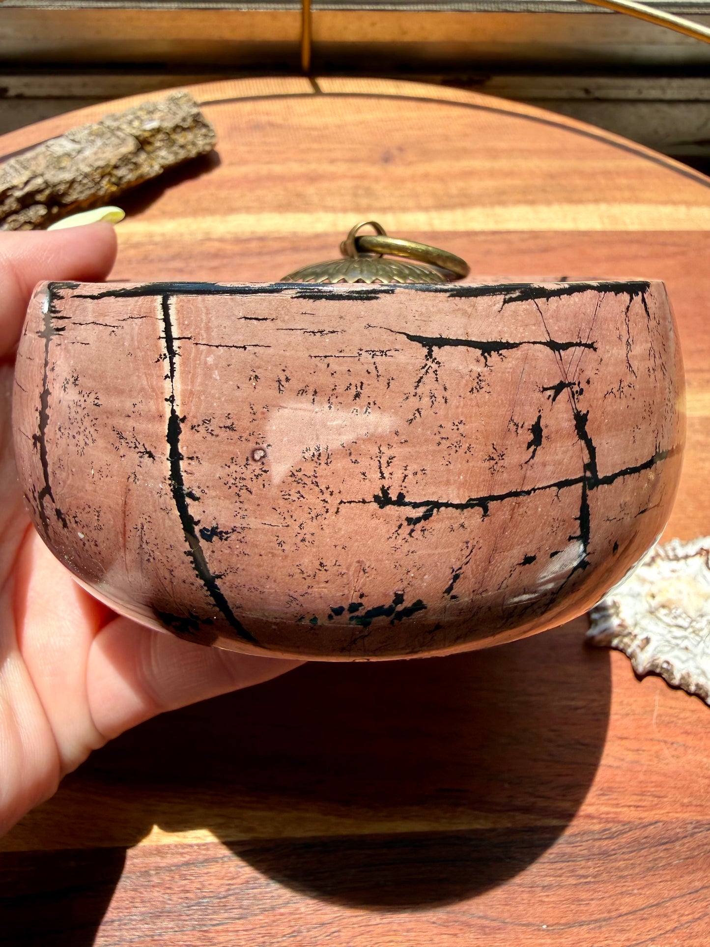 ROUND PICTURE JASPER BOX WITH BRASS DETAIL