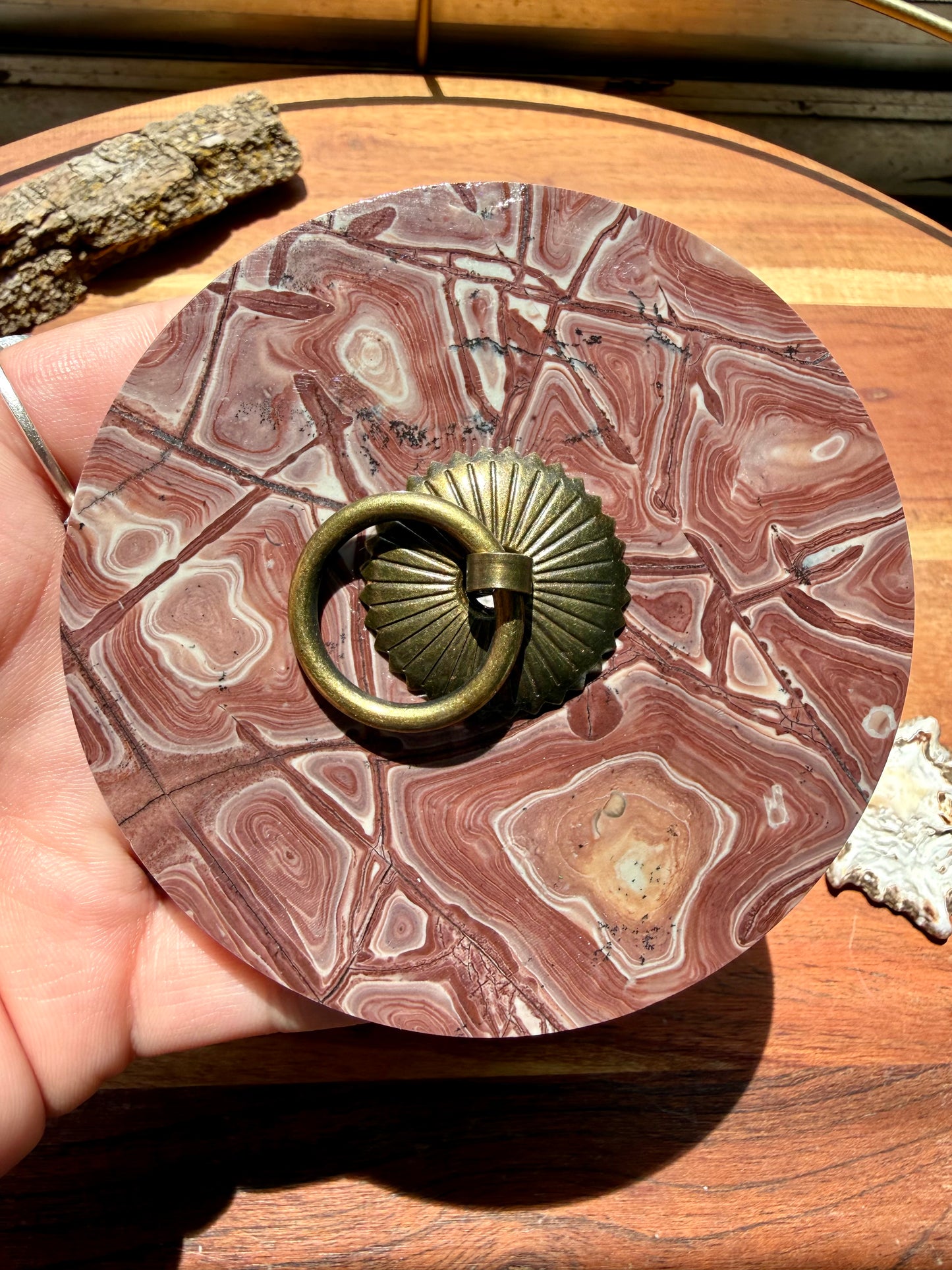 ROUND PICTURE JASPER BOX WITH BRASS DETAIL