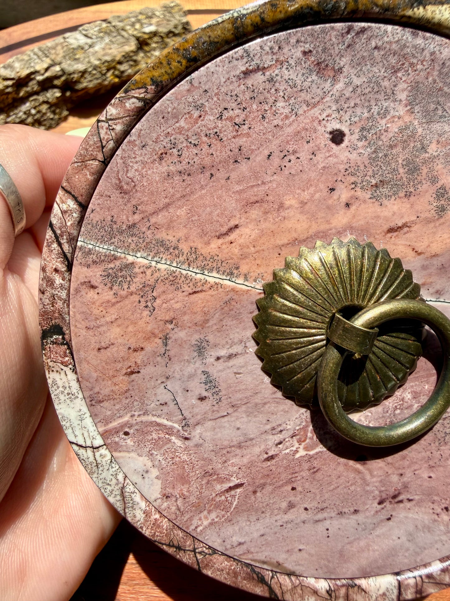 ROUND PICTURE JASPER BOX WITH BRASS DETAIL