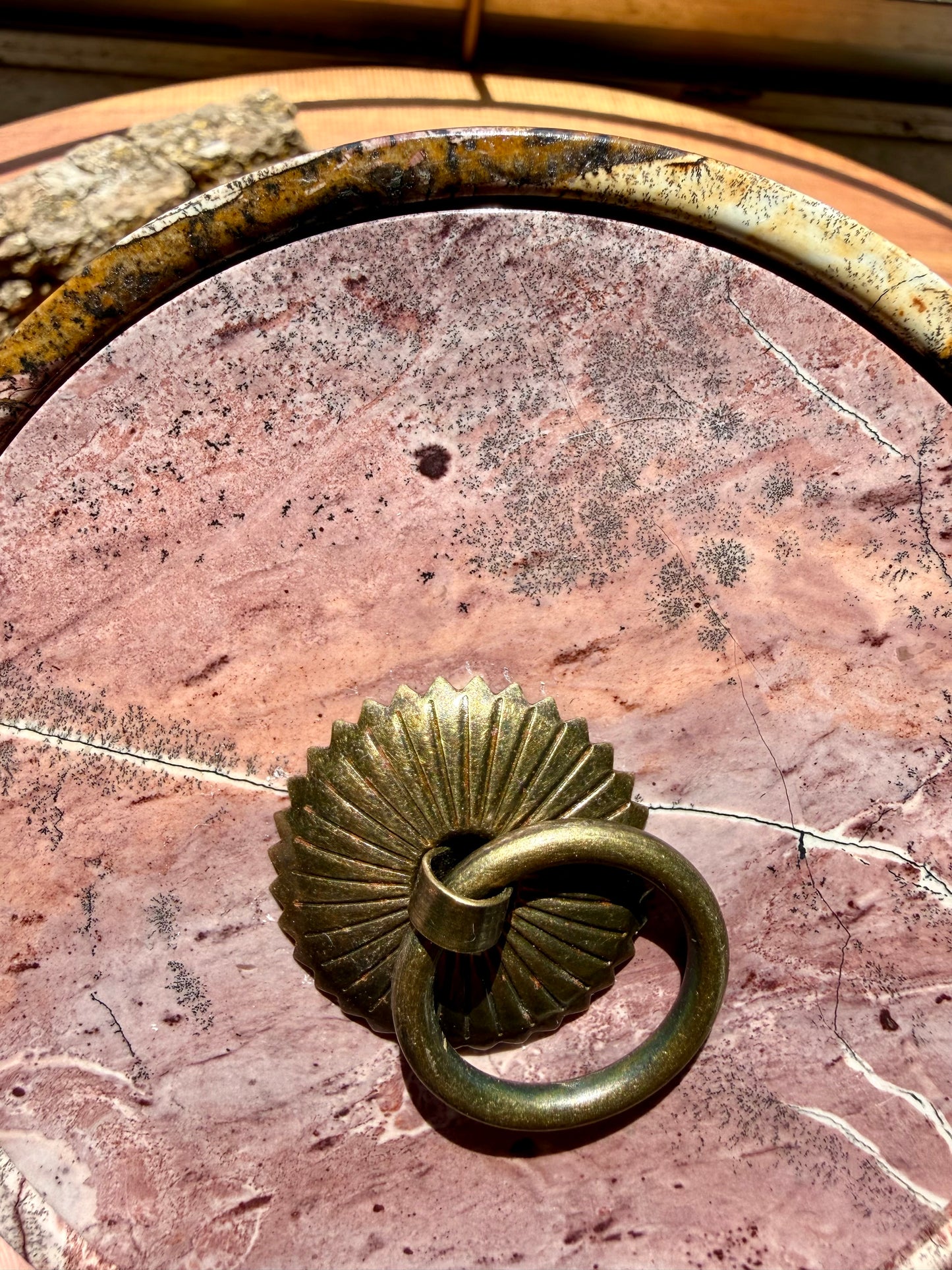 ROUND PICTURE JASPER BOX WITH BRASS DETAIL