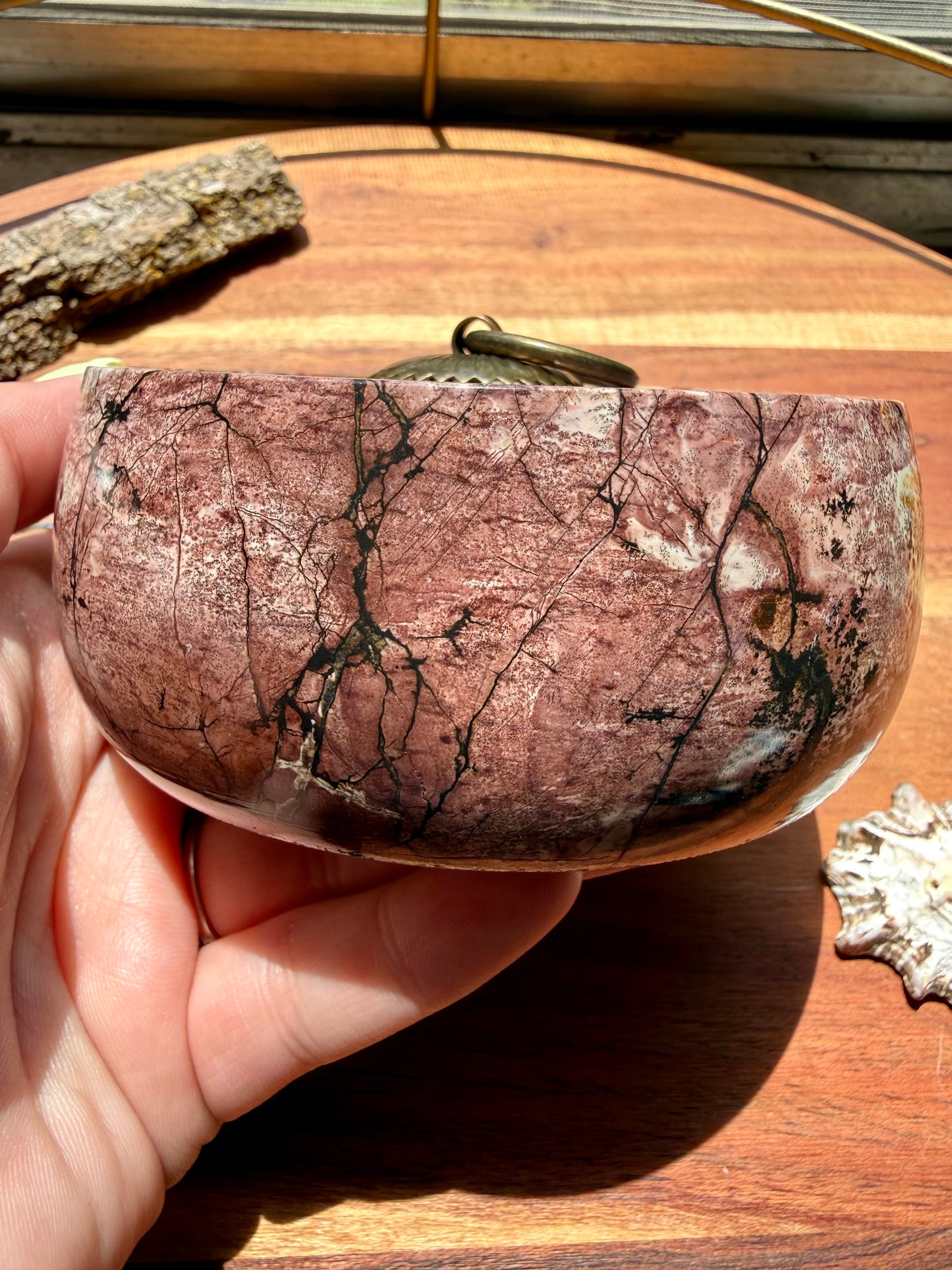 ROUND PICTURE JASPER BOX WITH BRASS DETAIL