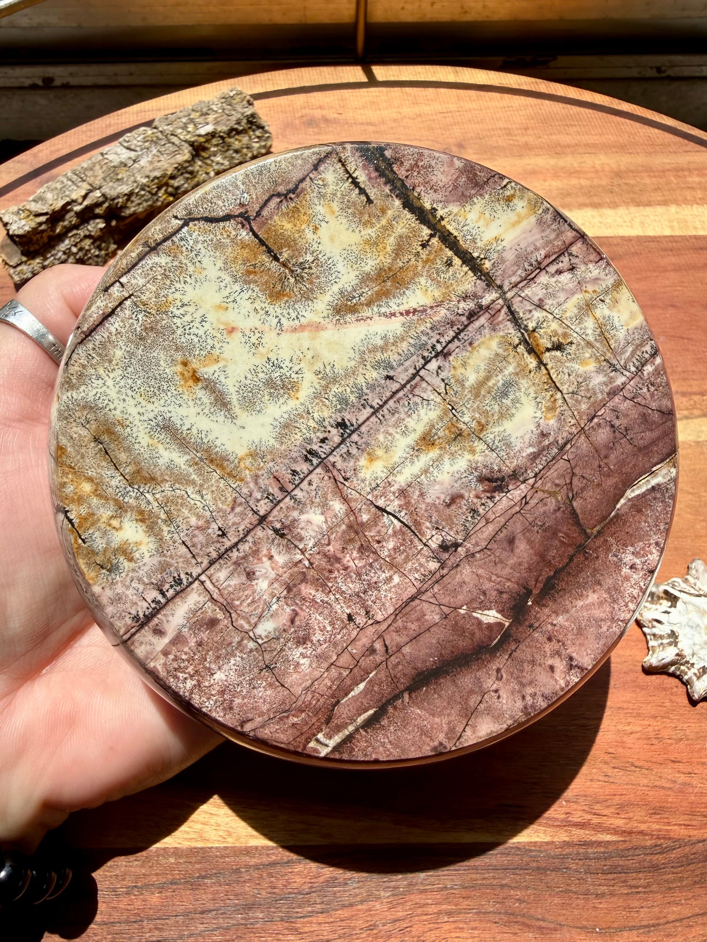 ROUND PICTURE JASPER BOX WITH BRASS DETAIL