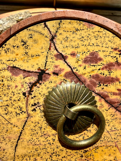 ROUND PICTURE JASPER BOX WITH BRASS DETAIL