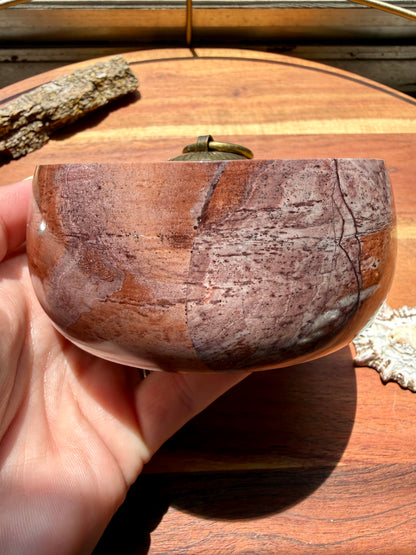 ROUND PICTURE JASPER BOX WITH BRASS DETAIL