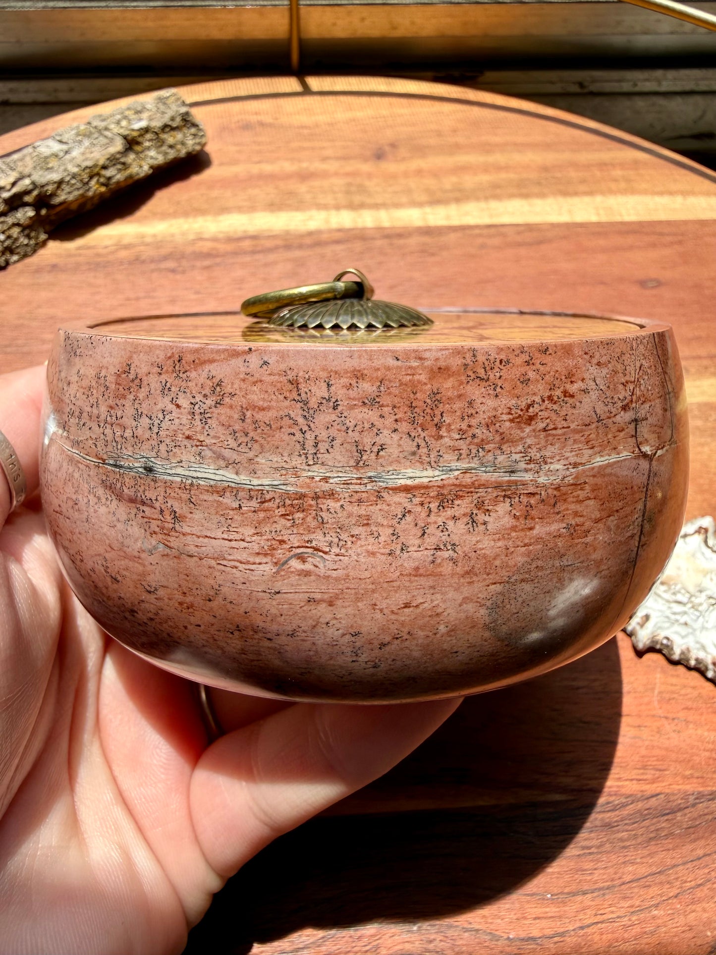 ROUND PICTURE JASPER BOX WITH BRASS DETAIL