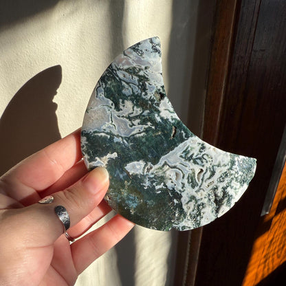 Moss Agate Moon | Crystal Agate Moon | Crystal Moon | Carved Crystal | Crystal Carving | Moon Decor | Home Decor | Altar Decor | Moon Gift