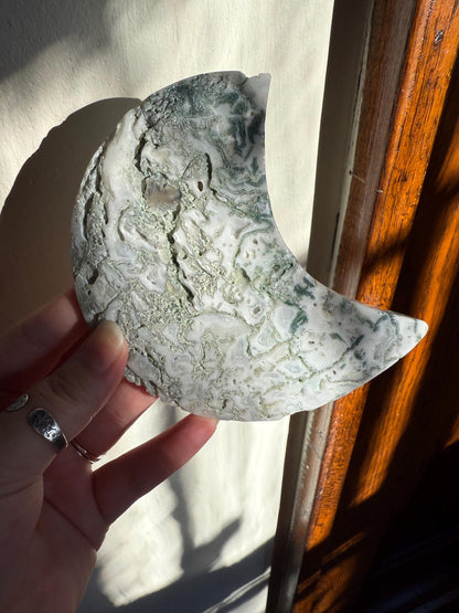 Moss Agate Moon | White Moss Agate Moon | Crystal Agate Moon | Crystal Moon | Carved Crystal | Crystal Carving | Moon Decor | Home Decor