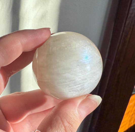 White Moonstone Sphere with Blue Flash | High Quality, Pure White Moonstone Sphere | Crystal Sphere | Crystal Carving | White Crystal