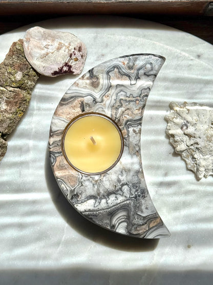 Banded Onyx Crescent Moon Candle Holder | Gift for Crystal Lover | Unique Crystal Gift | Crystal Home Decor | Spooky Season Decor