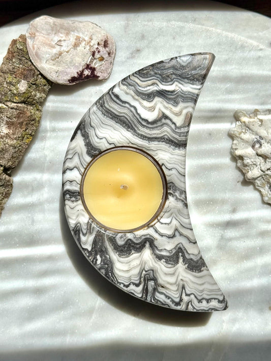 Banded Onyx Crescent Moon Candle Holder | Gift for Crystal Lover | Unique Crystal Gift | Crystal Home Decor | Spooky Season Decor