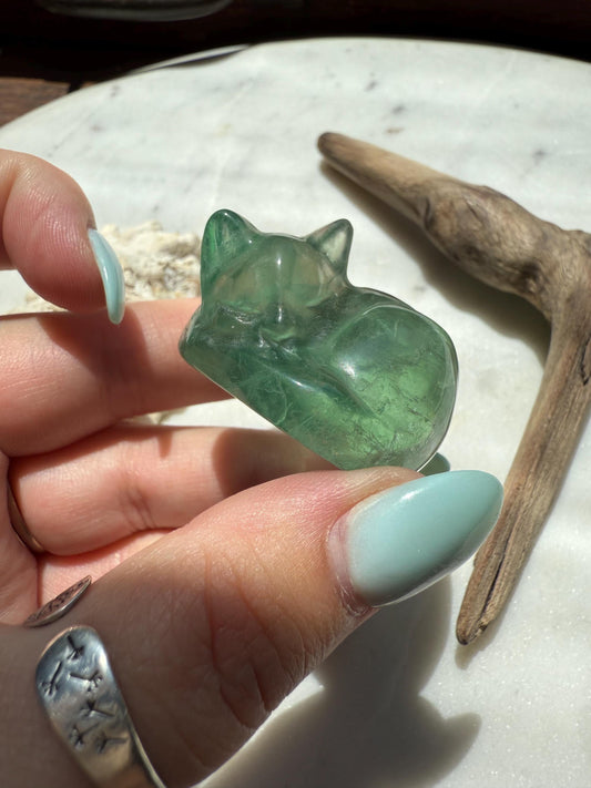 Green Fluorite Sleeping Cat | Cat Crystal Carving | Kitty Crystal Carving | Gift for Cat Lover | Cat Lover Gift | Fluorite Carving