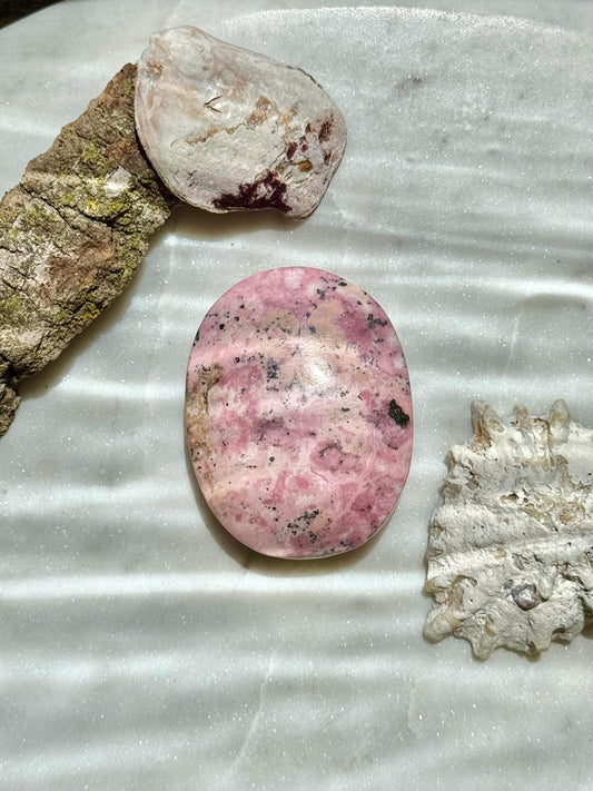 Pink Peruvian Rhodonite Palm Stone | Peruvian Rhodonite | Pink Crystal | Pink and Black Crystal| Unique Crystal | Self-love Crystal