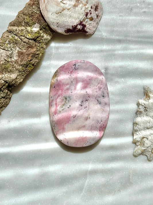 Pink Peruvian Rhodonite Palm Stone | Peruvian Rhodonite | Pink Crystal | Pink and Black Crystal| Unique Crystal | Self-love Crystal