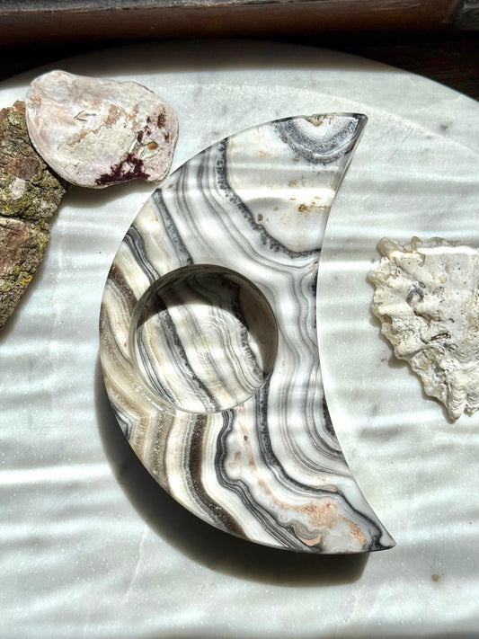 Banded Onyx Crescent Moon Candle Holder | Gift for Crystal Lover | Unique Crystal Gift | Crystal Home Decor | Spooky Season Decor