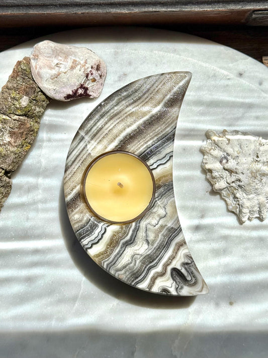 Banded Onyx Crescent Moon Candle Holder | Gift for Crystal Lover | Unique Crystal Gift | Crystal Home Decor | Spooky Season Decor