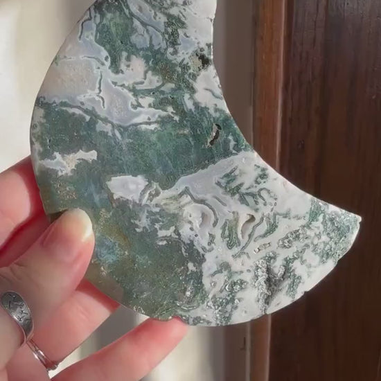 Moss Agate Moon | Crystal Agate Moon | Crystal Moon | Carved Crystal | Crystal Carving | Moon Decor | Home Decor | Altar Decor | Moon Gift